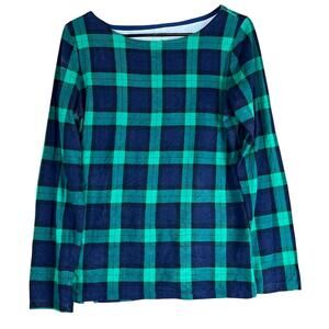 Talbots Women Shirt Navy Green Plaid Tee Geometric Boat Neck Long Sleeve Medium
